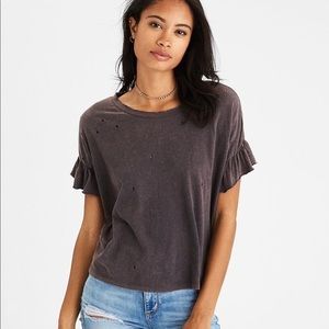 American Eagle Distressed Washed Out T-Shirt With Ruffled Sleeves Crop Top
